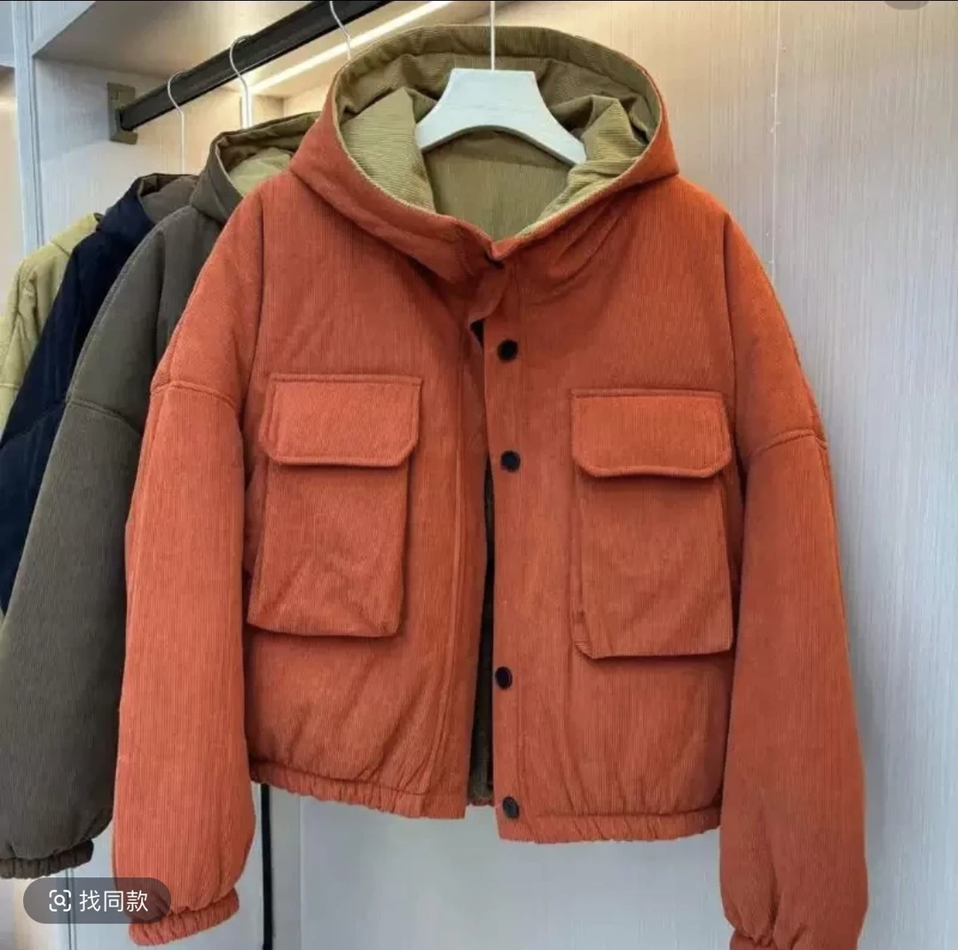 冬季新款加绒加厚时尚简约百搭大口袋棉服短款休闲上衣