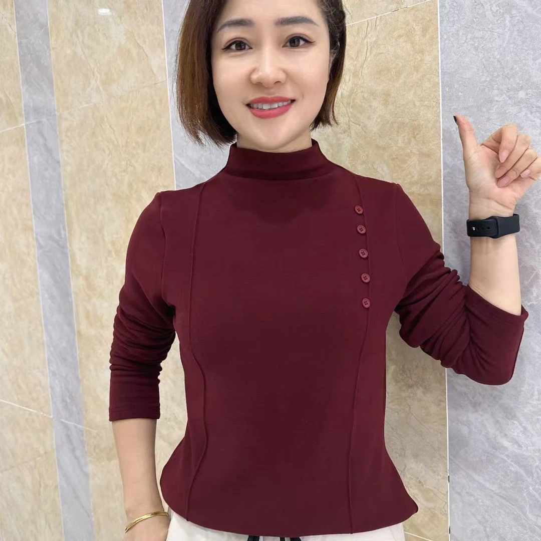2025秋冬时尚女士新款双面绒纽扣设计长袖T恤保暖打底衫上衣8803