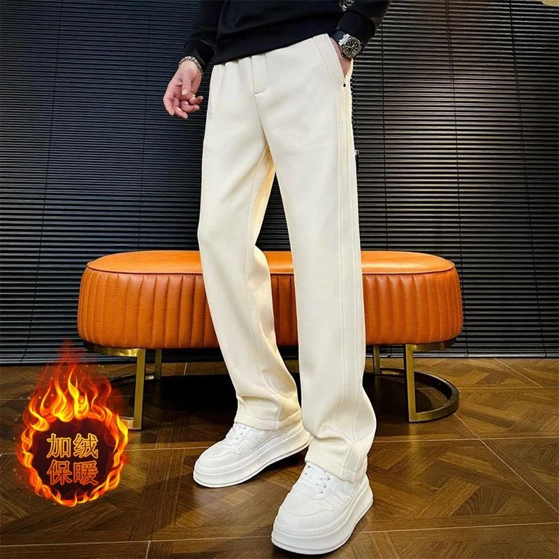 男款秋冬款宽松裤子男士冬季休闲裤时尚简约长裤加绒厚款直筒裤男