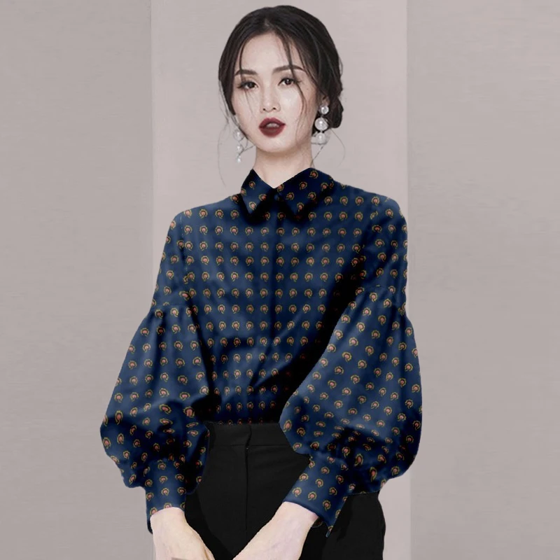 春装2025新款女印花衬衫女设计感小众宽松衬衣灯笼袖上衣