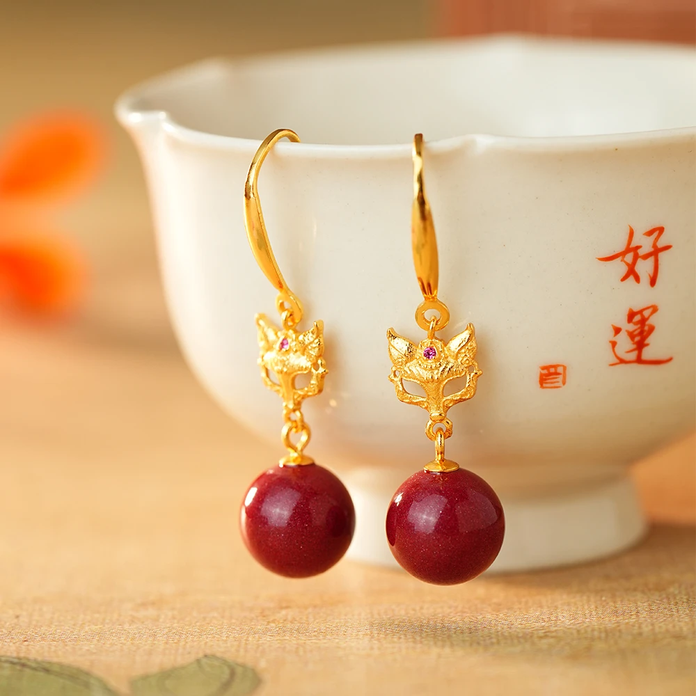 含辰砂工艺品｜御臻珠宝｜朱砂｜S925银｜面具耳饰耳钩圆珠新中式潮流