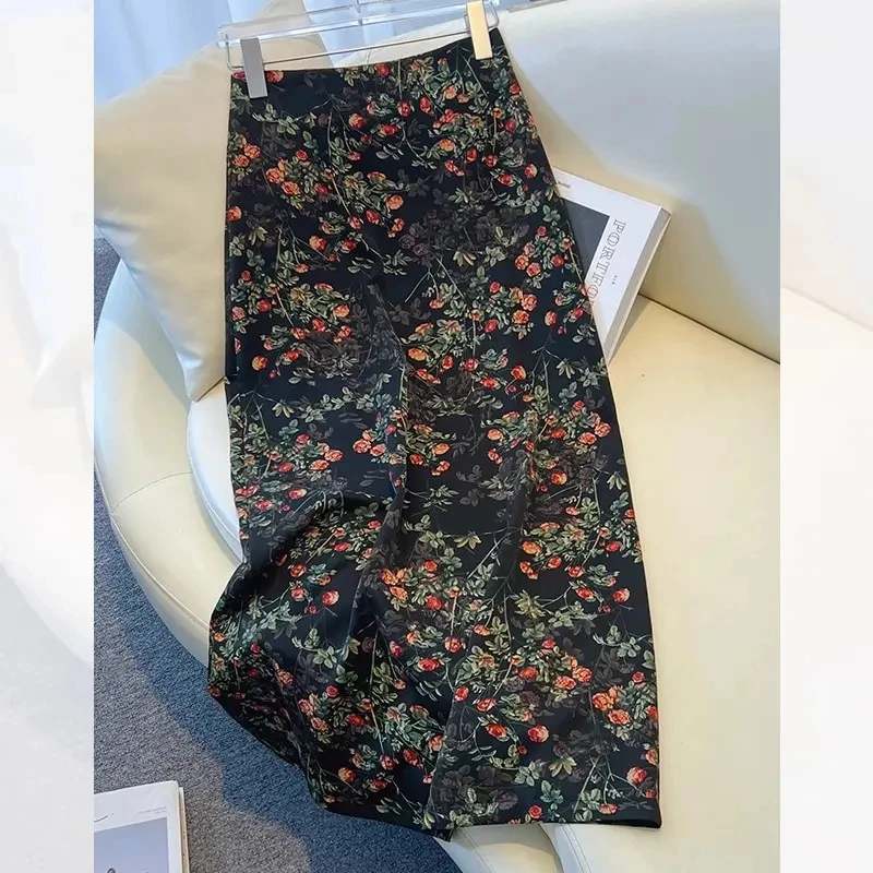 拉夏贝尔醋酸复古碎花半身裙女夏2025新款高腰显瘦中长一步包臀裙