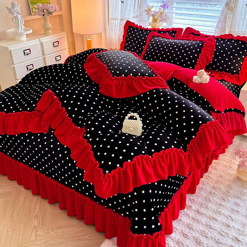 法式花边牛奶绒加厚床盖四件套冬季韩式高克重双面绒被套防滑被罩