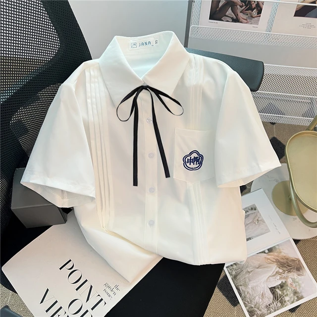 夏季日系学院风娃娃领jk白色衬衫女百搭衬衣风琴褶系带蝴蝶结上衣