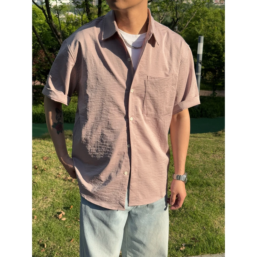 25SS【砂洗仿棉】夏季轻薄透气舒适薄款百搭休闲宽松纯色短袖衬衣男