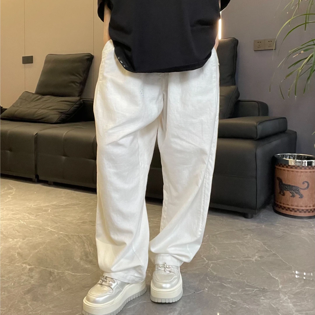 到位男装25ss春夏休闲结构拼接捏褶垂感天丝麻宽松长裤 P3987