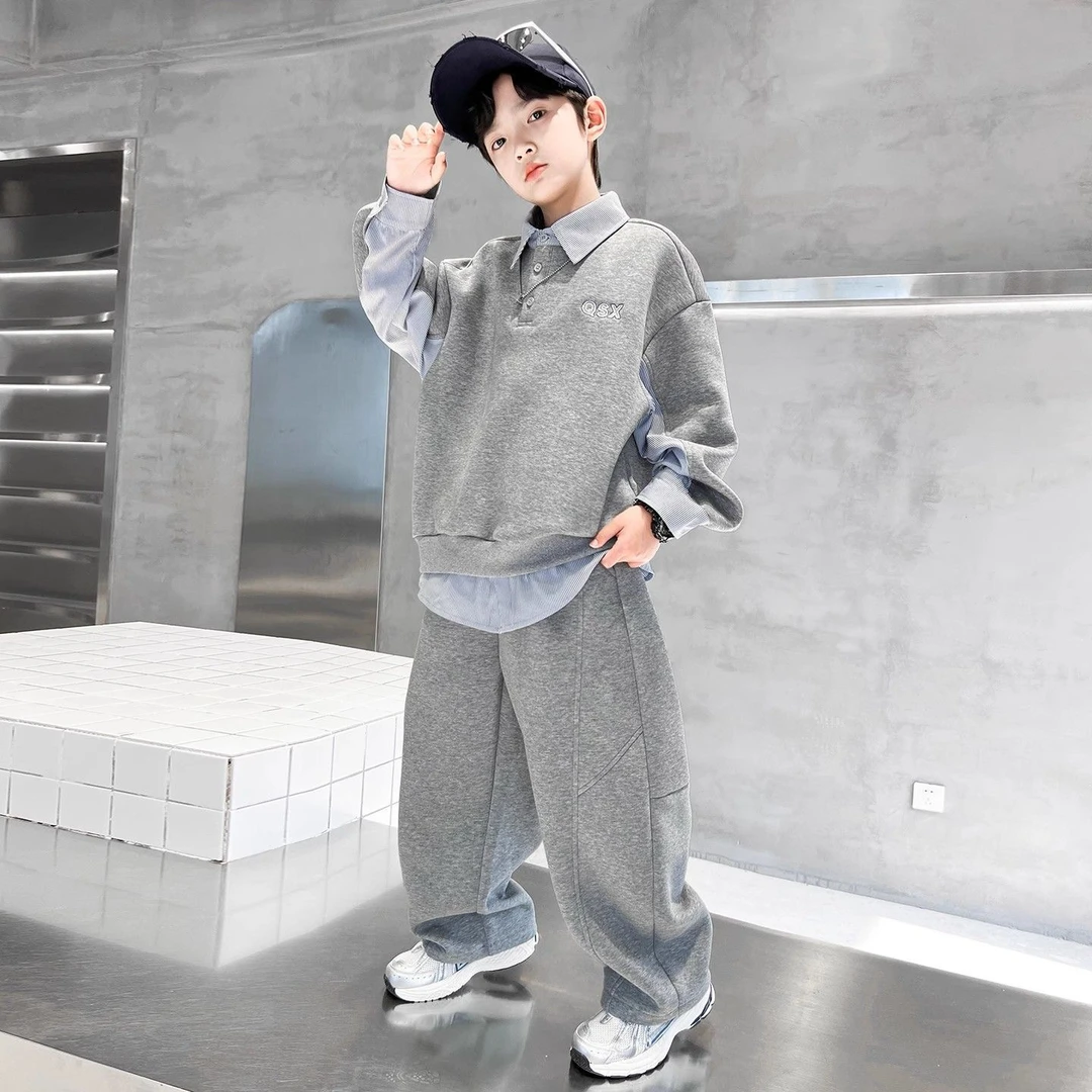 男童秋装翻领POLO衫哈伦裤套装2025新款中大童韩版宽松运动两件套