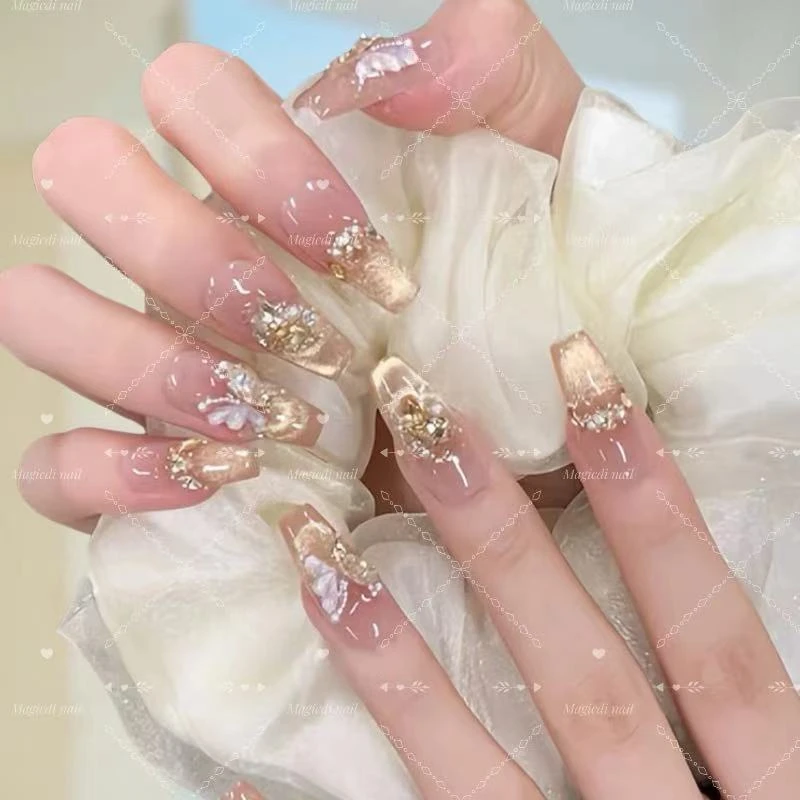 高级新款手工光疗穿戴甲烫金蝴蝶可拆温柔千金纯欲显白新年相亲