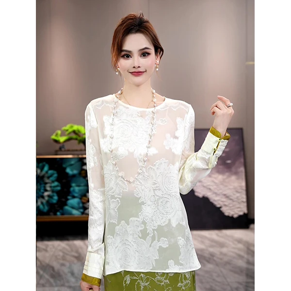 新中式时尚休闲气质圆领长袖百搭复古国风显瘦桑蚕丝薄款提花上衣