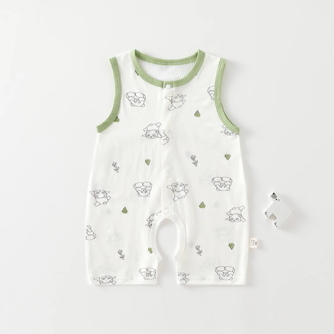 【新款】莱赛尔天丝开裆背心连体衣婴儿透气满印网眼a类哈衣宝宝