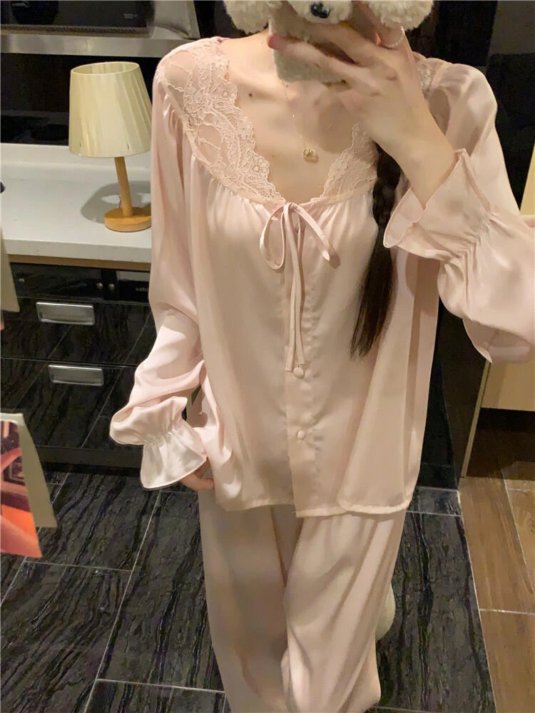 高级感简约纯色睡衣女春秋2025纯欲蕾丝长袖长裤家居服套装可外穿