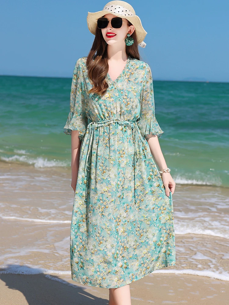 v领真丝连衣裙女2025新款桑蚕丝裙子印花优雅气质中长裙-509