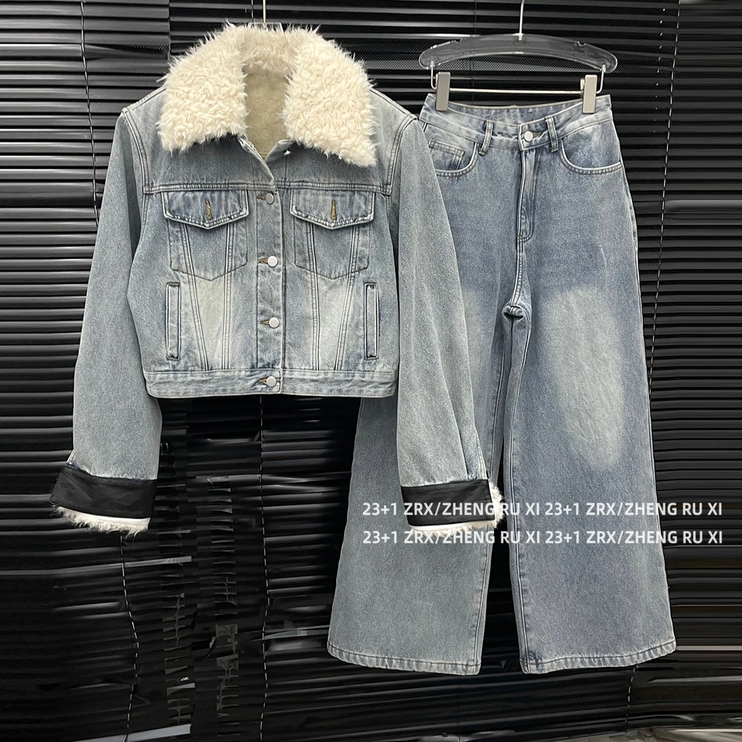 付新博女装牛仔棉服套装女加厚加绒短外套+牛仔裤两件套装15300