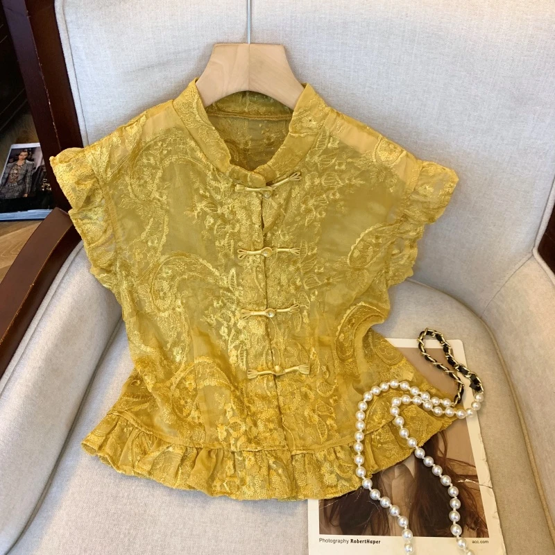 夏季新款新中式国风复古盘扣刺绣荷叶边飞飞袖衬衫女洋气上衣衣服