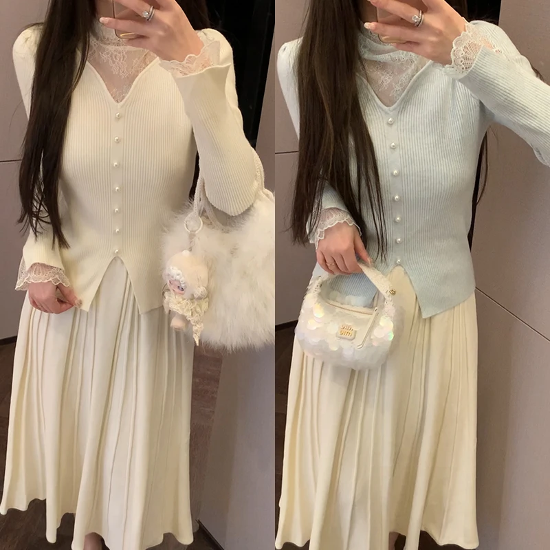 【mimius】&喵喵 半高领蕾丝拼接针织衫汉服()WF12119