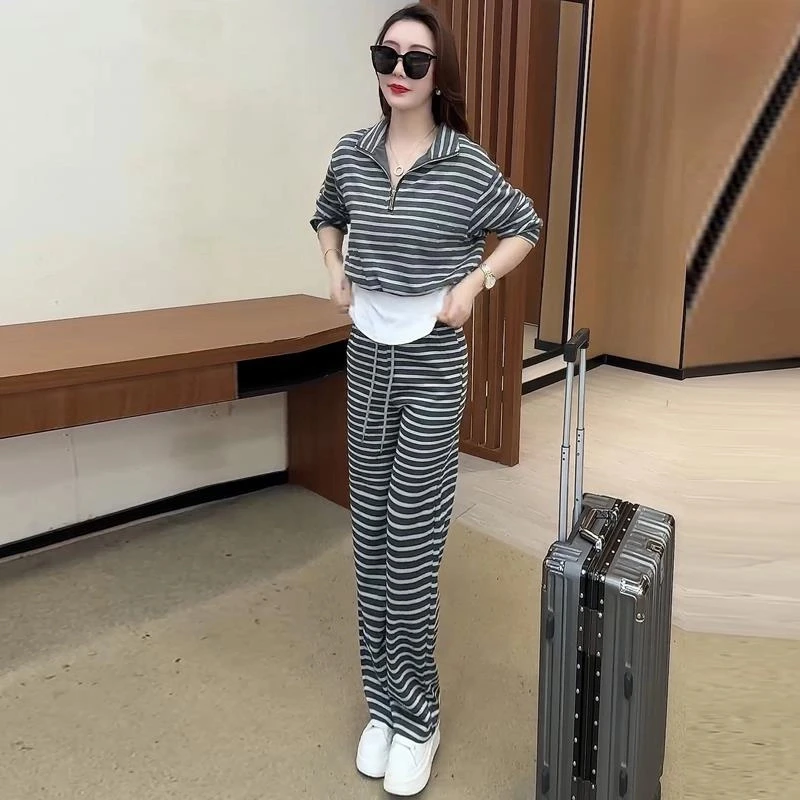 休闲条纹运动套装女假两件立领上衣春秋新款撞色小衫直筒裤两件套