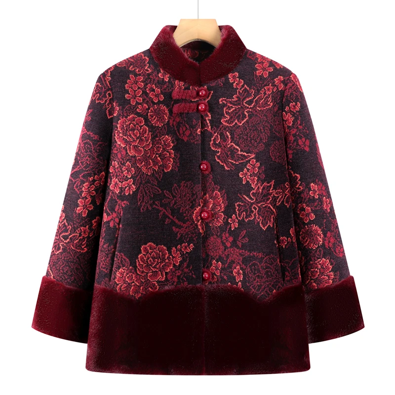 中老年人妈妈装加绒加厚外套奶奶装冬季厚外套老太太立领冬季大衣