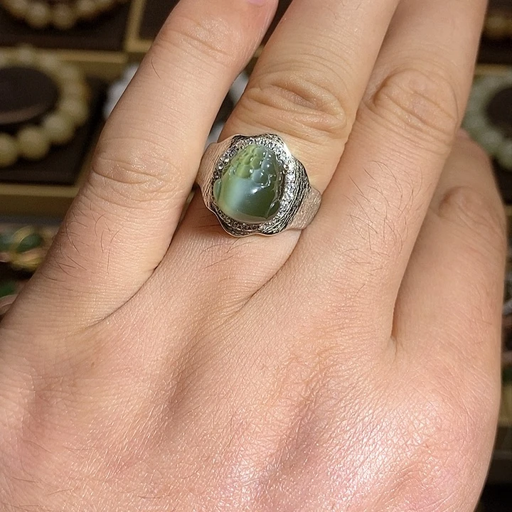 【闪购商品】银S925镶嵌戒指和田玉（碧玉）
