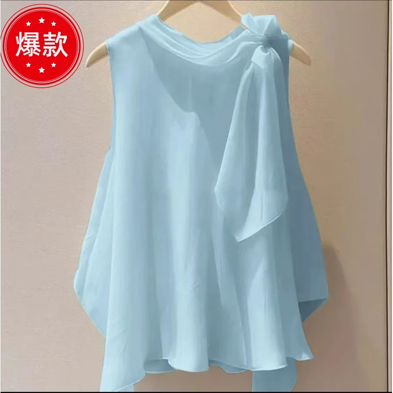 独特漂亮洋气高端别致小衫法式小上衣蓝色无袖衬衫2025新款女夏季