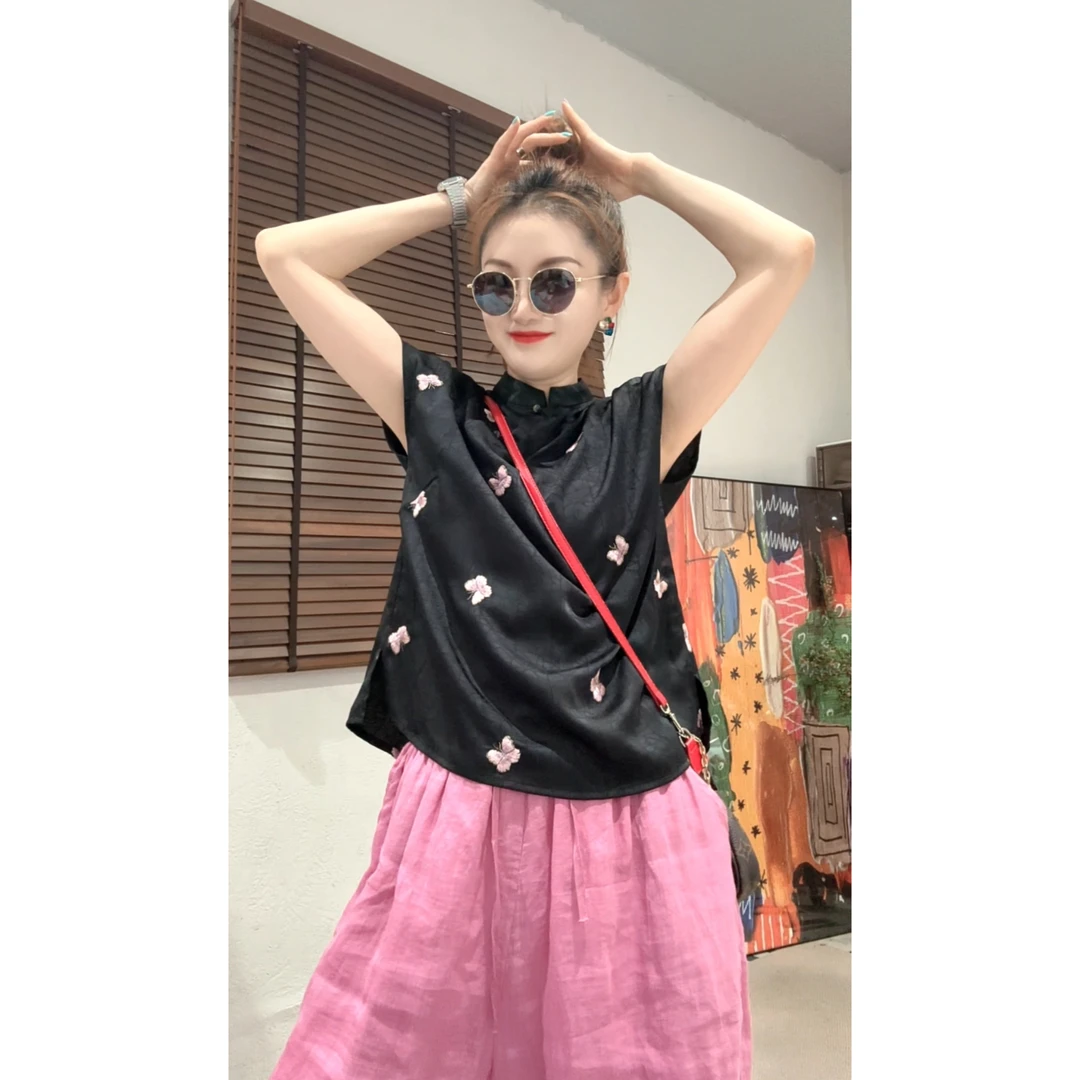 【Z.D.C】新中式的粉色刺绣蝴蝶结短袖衬衫/复古百搭宽松时尚