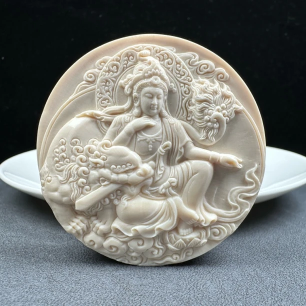 K9327天然猛犸牙 雕刻文殊圆牌 56*16mm支持鉴定 假一罚四