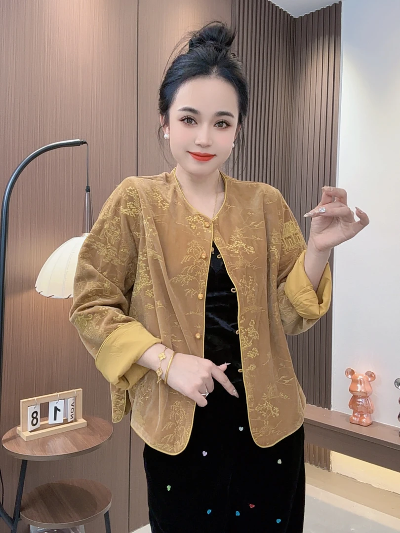 2025早秋新款丝绒亭台楼阁刺绣圆领长袖外套8339秋季