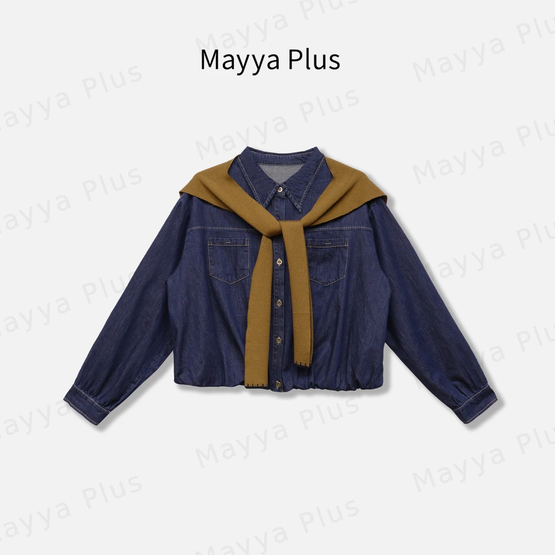 【丹宁衬衫】Mayya Plus早秋时尚通勤百搭女牛仔上衣外套32536813AB