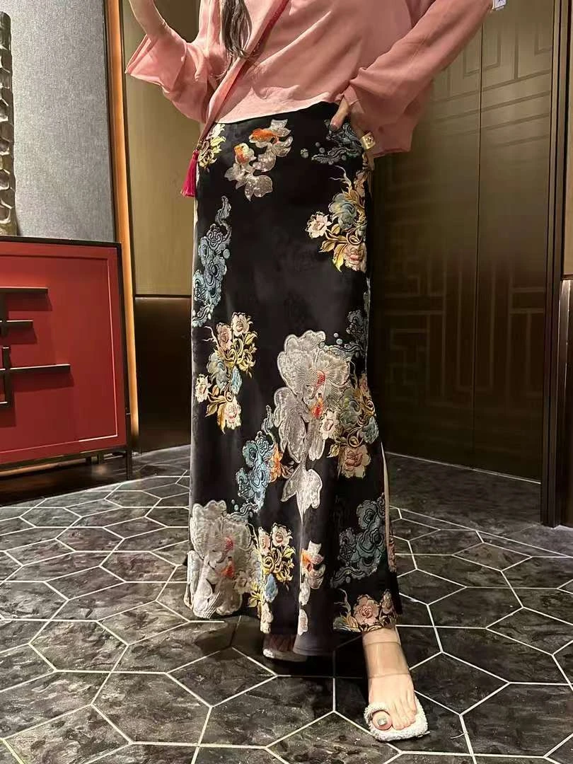 【银鲤】定制斜裁双鱼重工提花缎面鱼尾半身裙2025百搭新中式中长裙