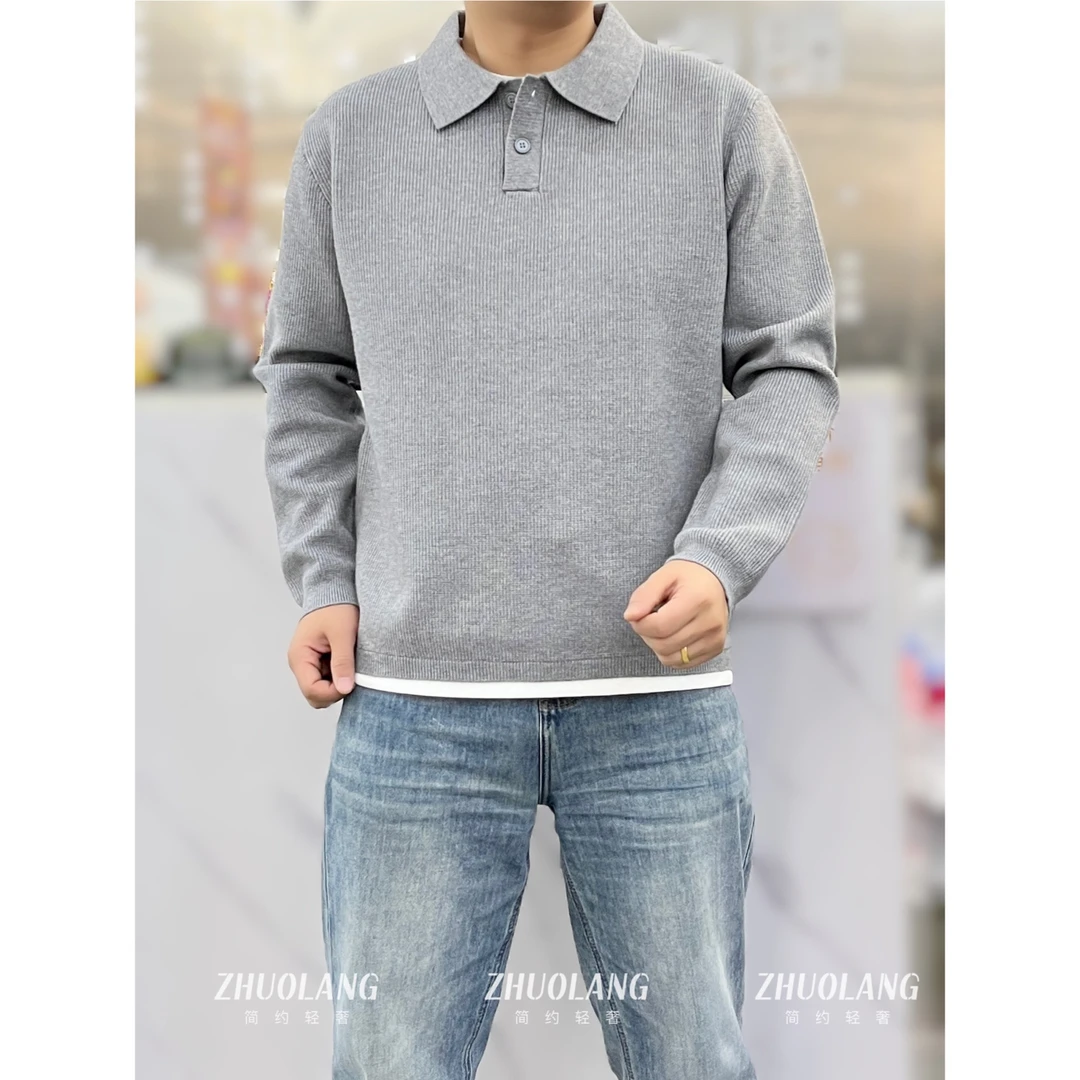秋季老钱风轻奢针织衫毛衣假两件男士灰色亨利领针织长袖简约百搭