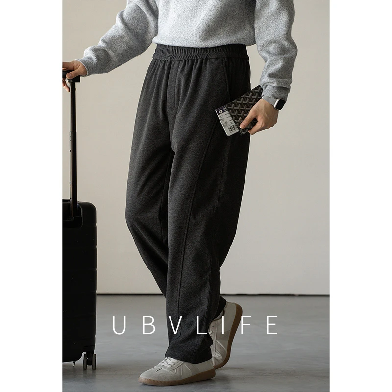 复古加厚保暖毛呢松紧腰直筒裤男2025秋冬挺括感纹理商务休闲卫裤