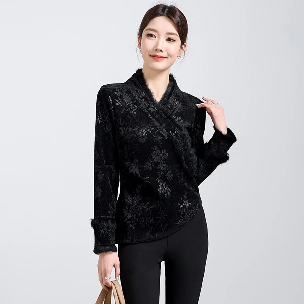 燕苹新款气质轻熟风印花复古交叉V领加绒厚款长袖保暖打底衫CX99