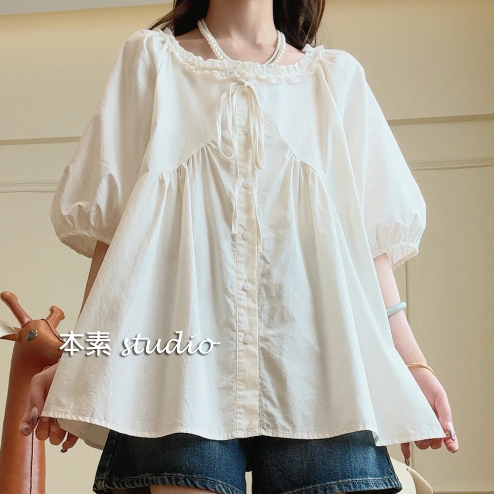 忘忧Y2891木耳边全开扣系带圆领短袖衬衫