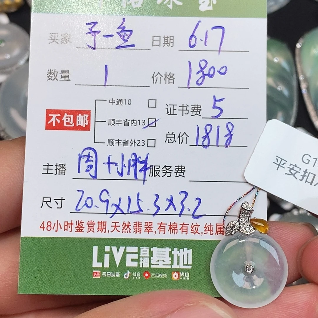 予***鱼翡翠18K金镶嵌颈饰平安扣