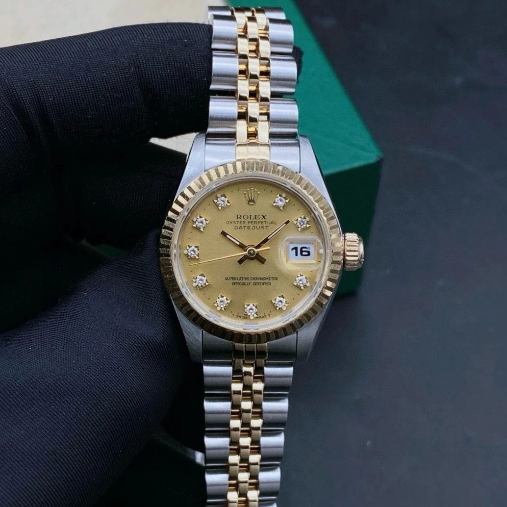 99新 Rolex/劳力士 日志69173/金盘后镶钻/表径26/女表