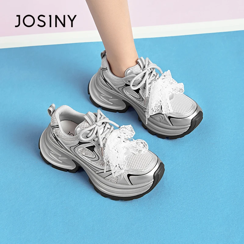 卓诗尼蕾丝蝴蝶结老爹鞋女2025春季新款网面透气小个子增高运动鞋