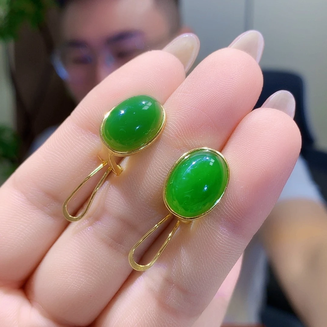 和田玉（碧玉）银S925镀金镶嵌耳饰