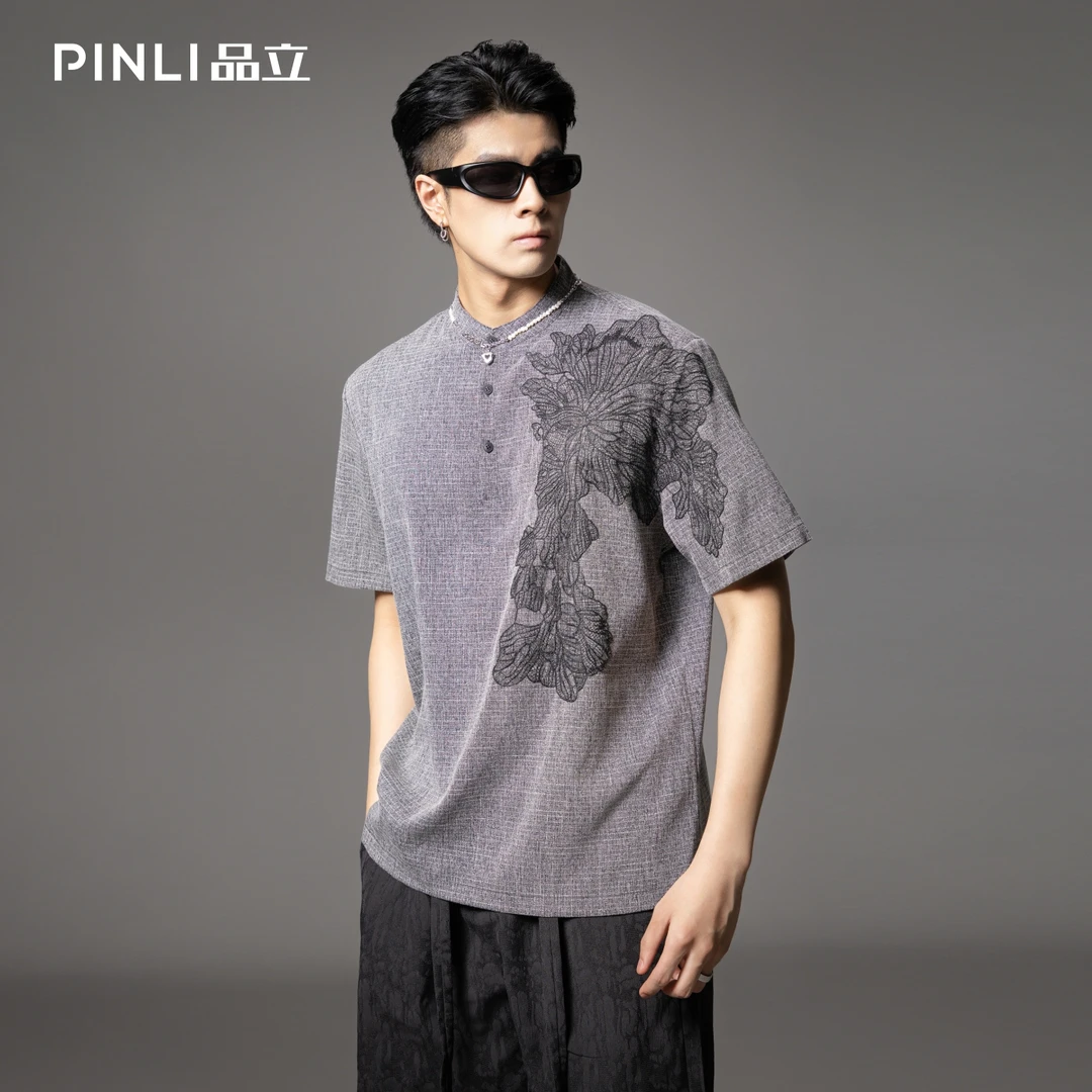 PINLI品立夏季贴布绣立领短袖T恤宽松男士休闲上衣服BG252111097
