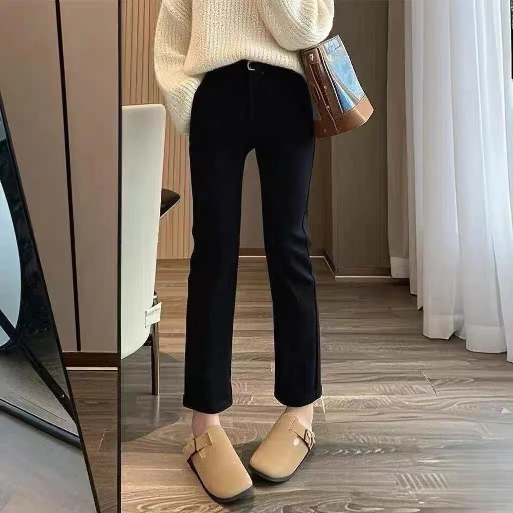 黑色烟管牛仔裤女2025年春秋冬季加绒七八九分小个子爆款直筒长裤