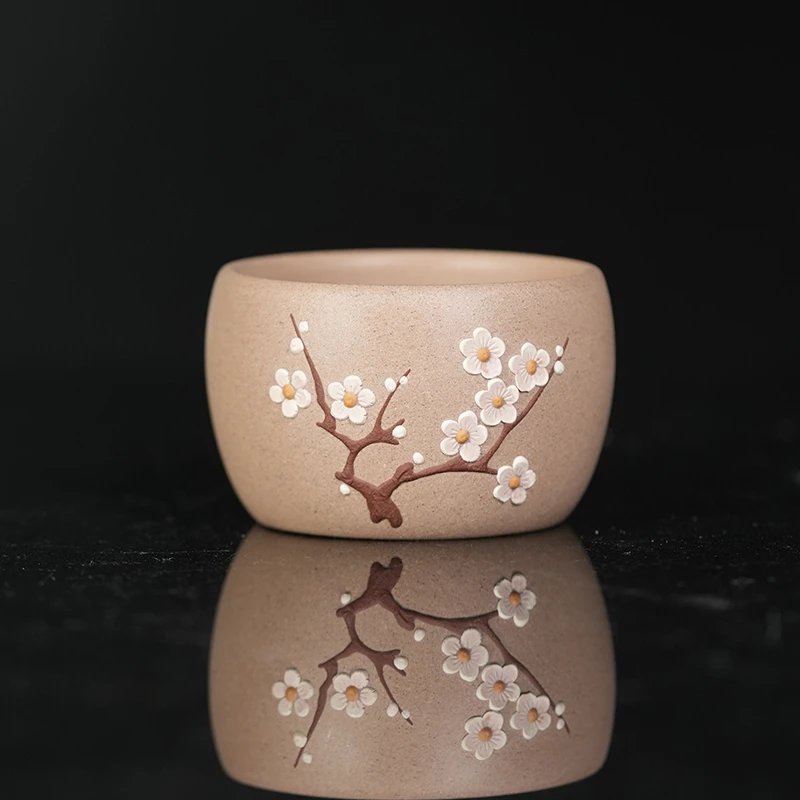 y0139宜兴原矿紫砂白段泥梅花全手工主人杯（遇热水变色）