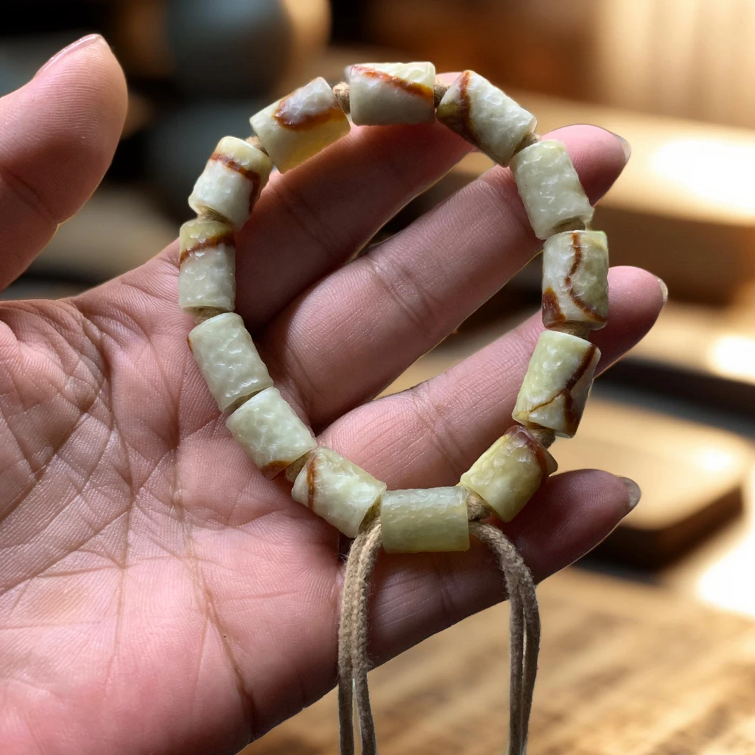 天然岫玉手工锤纹花玉发货红线桶珠手串男女同款