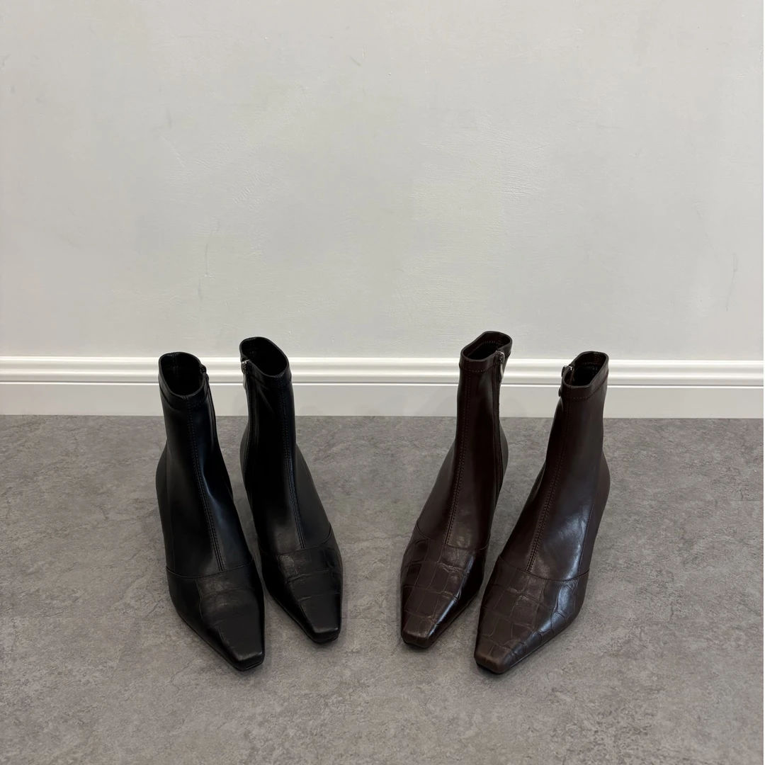 【秋冬必入爆款】高级感鳄鱼纹拼接方头短靴 侧拉链设计显瘦踝靴