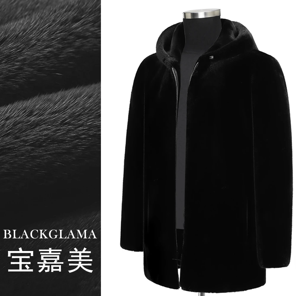 [宝嘉美]中长款海宁连帽水貂男士黑色整貂宝嘉美外套男装貂皮大衣