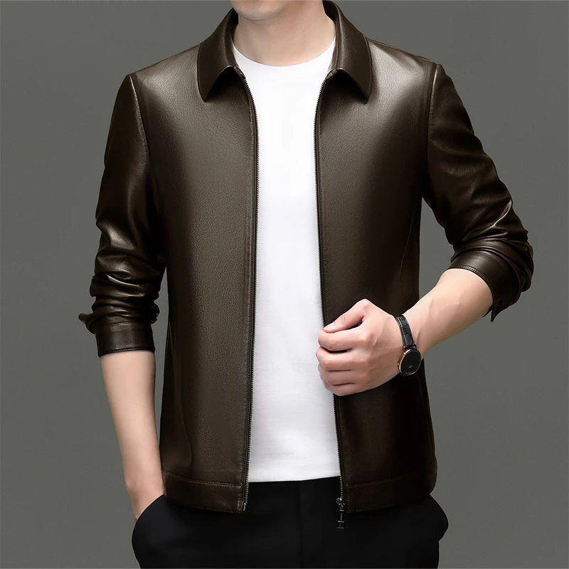 海宁男士高档真皮皮衣秋冬款商务休闲百搭男装时尚立领翻领皮外套