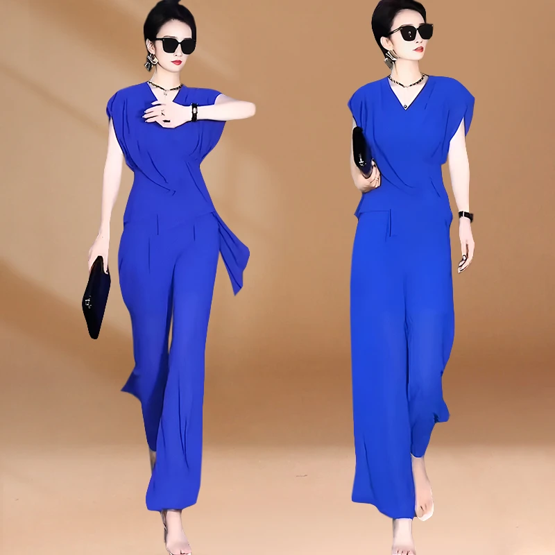 气质御姐范套装女2025年夏季修身显瘦漂亮小衫+宽松直筒裤两件套