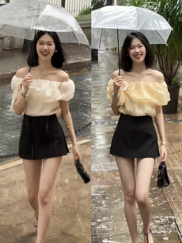 法系减龄套装女2025夏装新款短款一字领上衣+高腰开叉显瘦半身裙