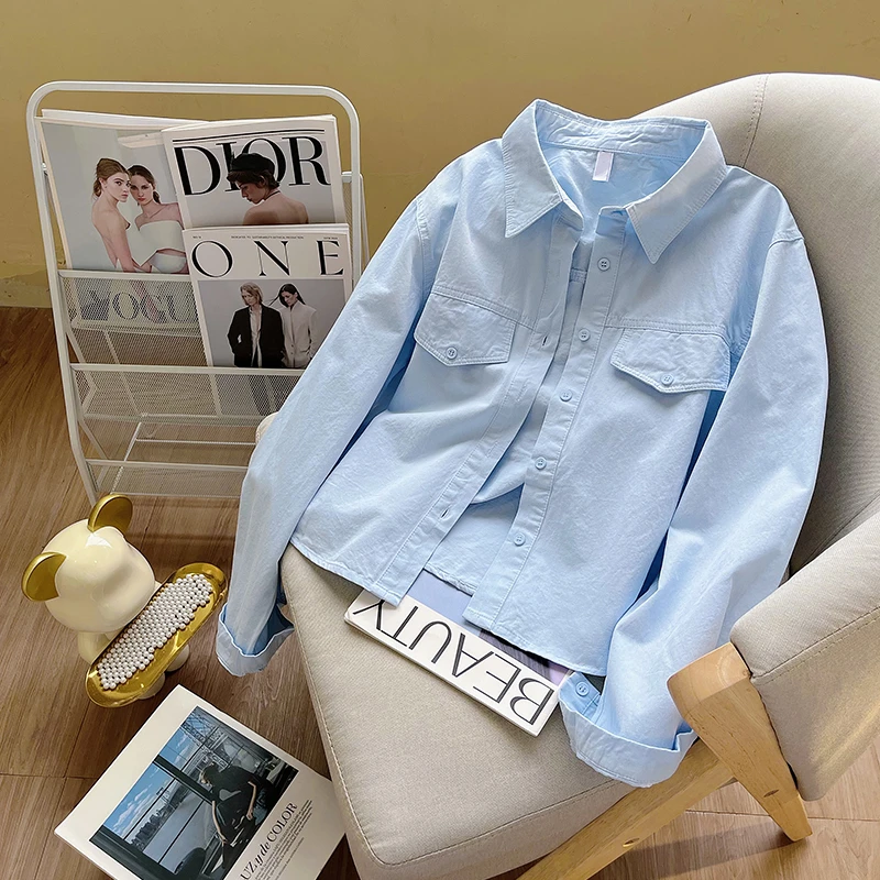 轻奢高档蓝色纯棉衬衫女2025早秋新款宽松小个子休闲长袖衬衣外套