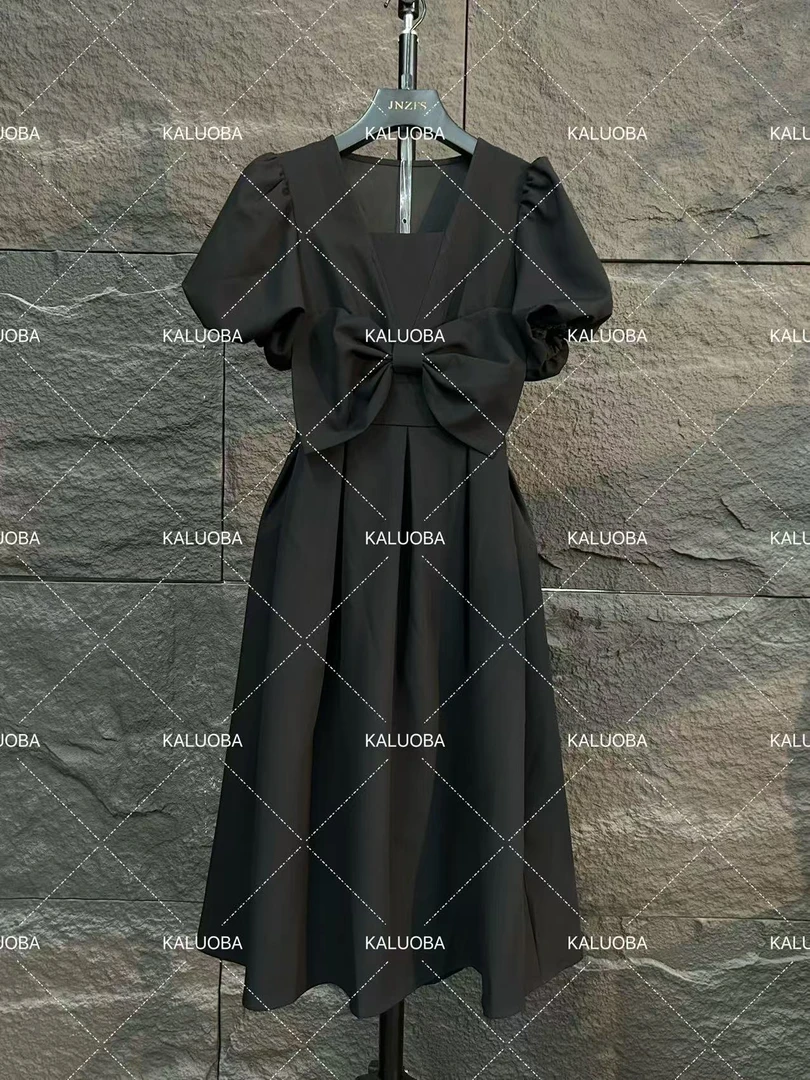 【原创大码设计师款】2025夏季方领蝴蝶结泡泡袖连衣裙K3196