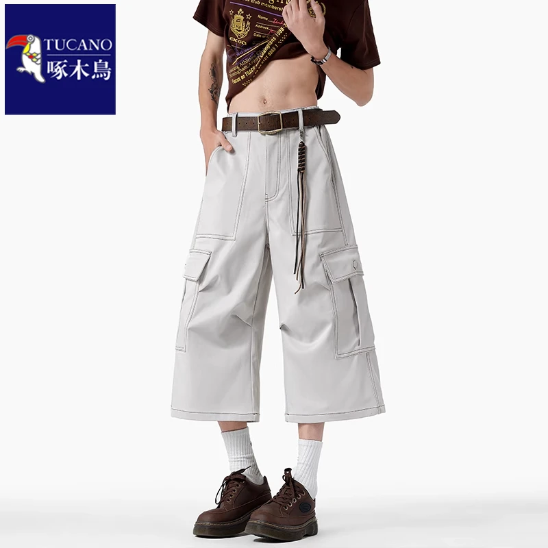 啄木鸟痞帅嘻哈明线工装休闲裤中裤秋季宽松阔腿裤七分裤男女同款