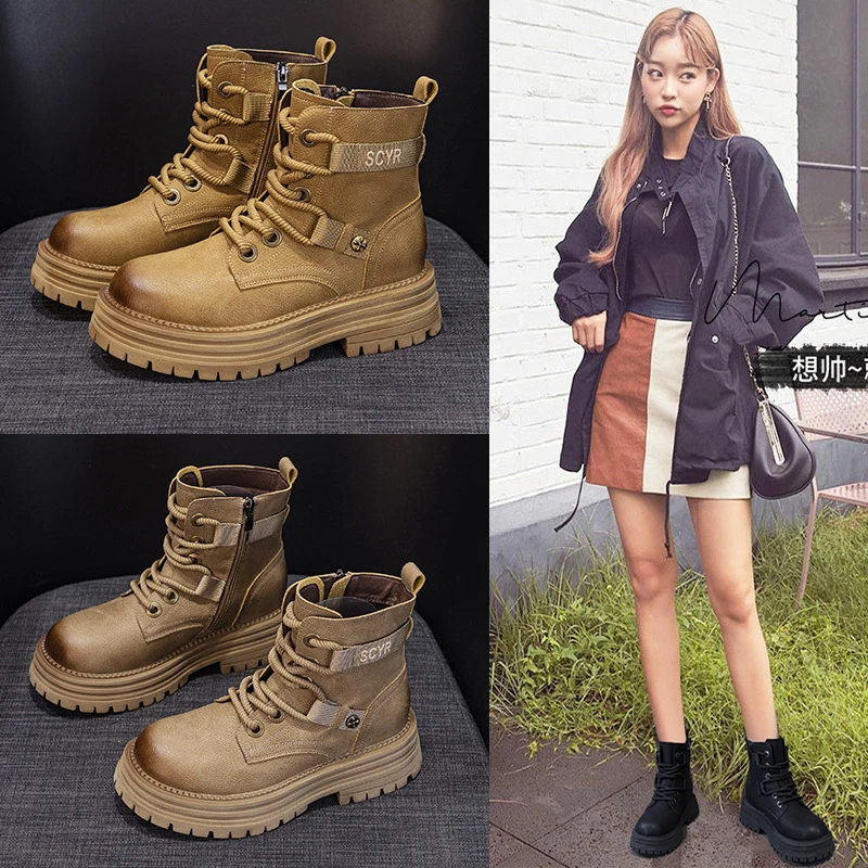 大黄靴女2025秋季新款皮面厚底工装风马丁靴加绒短筒雪地靴女靴