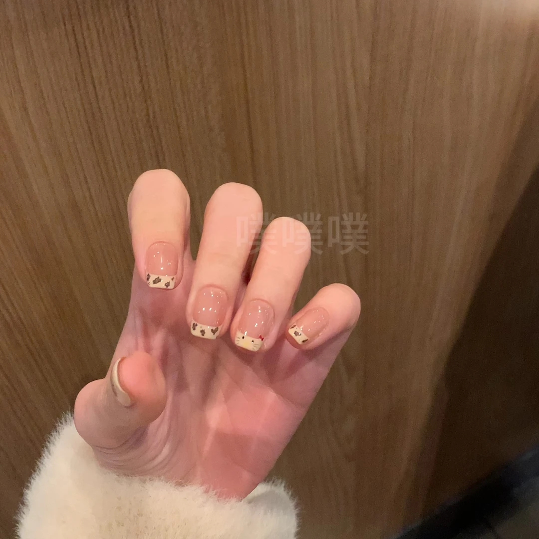 【kitty呀】手工制作穿戴甲 可拆卸手工美甲 法式手绘斑纹kitty美甲